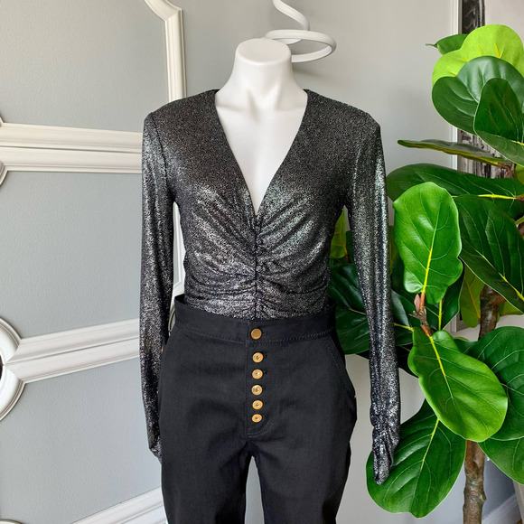 Scripted Metallic Bodysuit Long-Sleeve Black Silver Size Medium - Picture 3 of 11